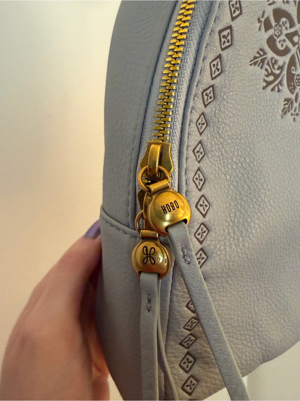 Hobo Leather Crossbody Fern Sling Bag Blue Pearl with Decorative Print - Picture 4 of 8